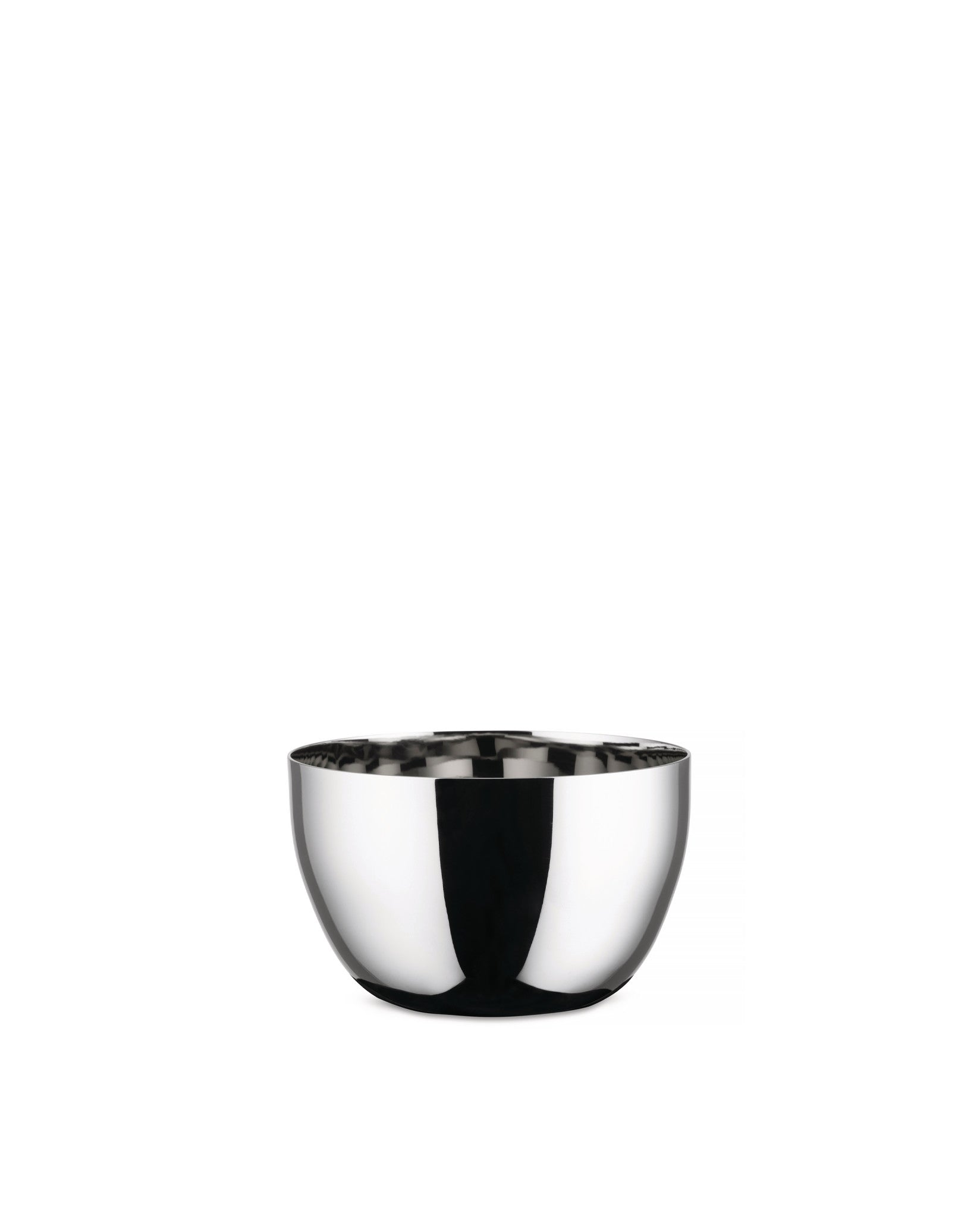 Polished steel bowl by Alessi, featuring a reflective interior with a grid-like pattern and a sleek exterior.