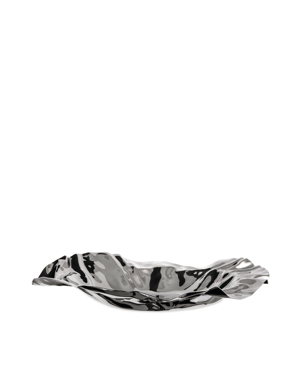 Wavy silver metallic bowl by Alessi with an undulating, highly reflective surface.