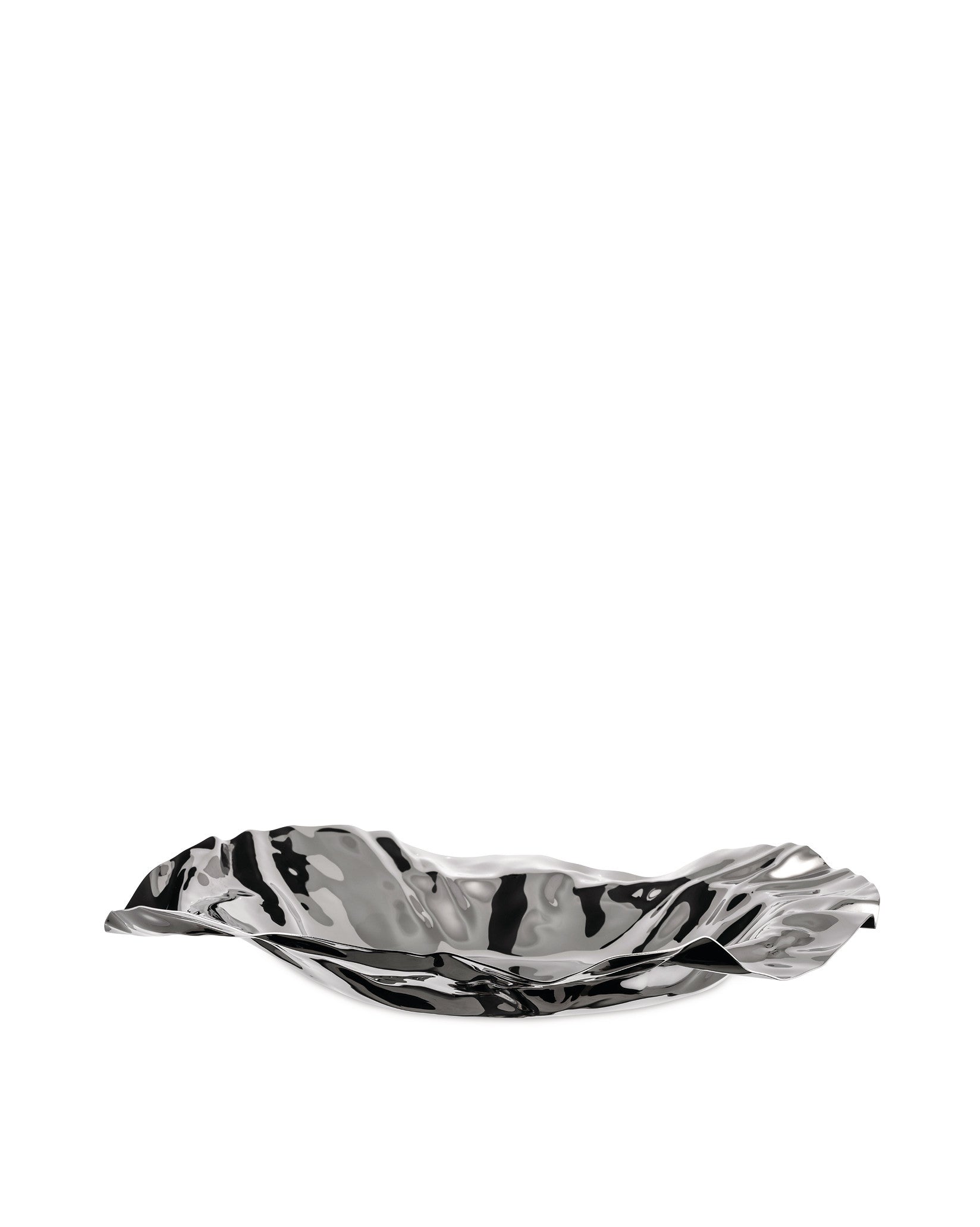 Wavy silver metallic bowl by Alessi with an undulating, highly reflective surface.