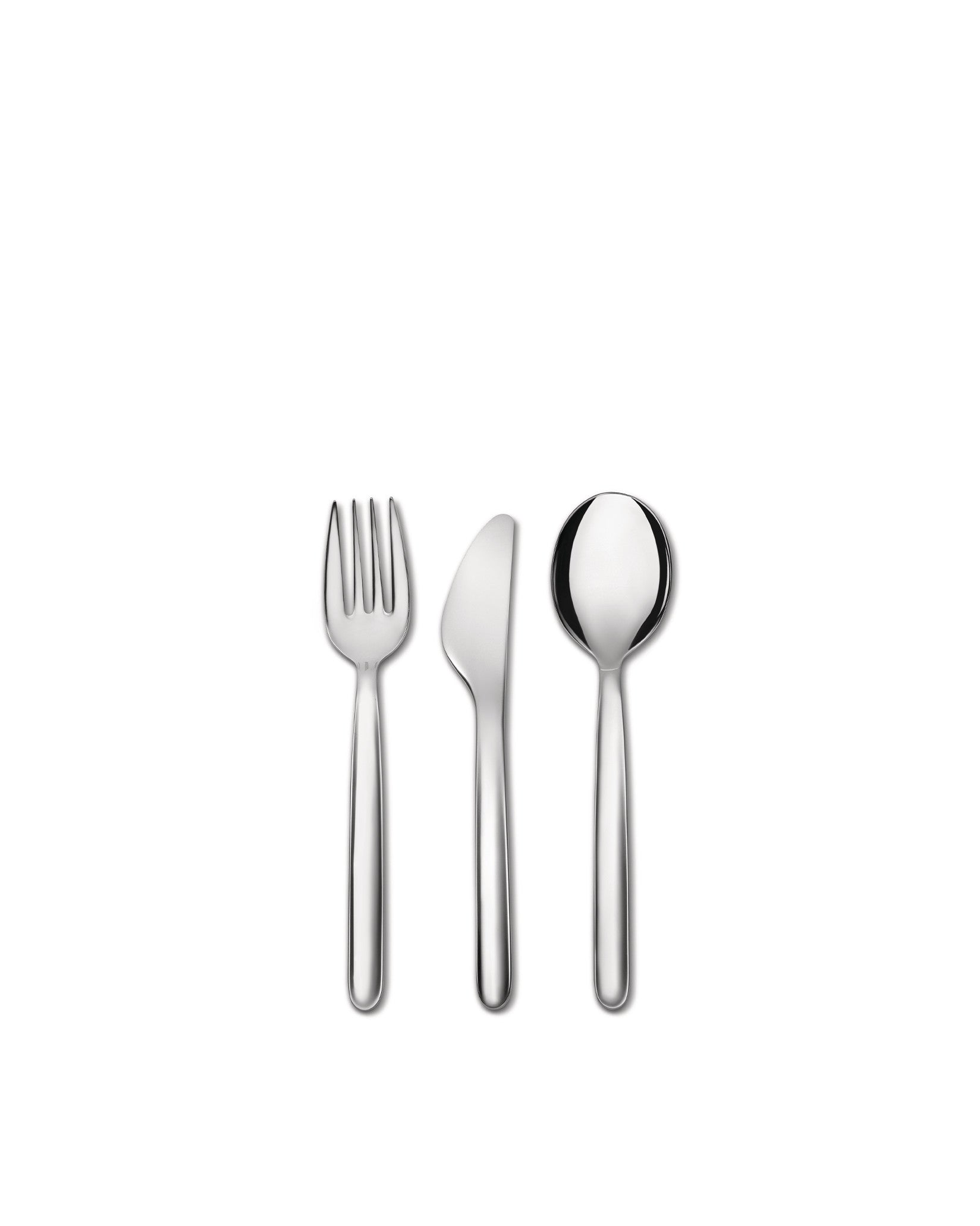 Polished silver three-piece cutlery set by Alessi, featuring a fork, knife, and spoon on a white background.
