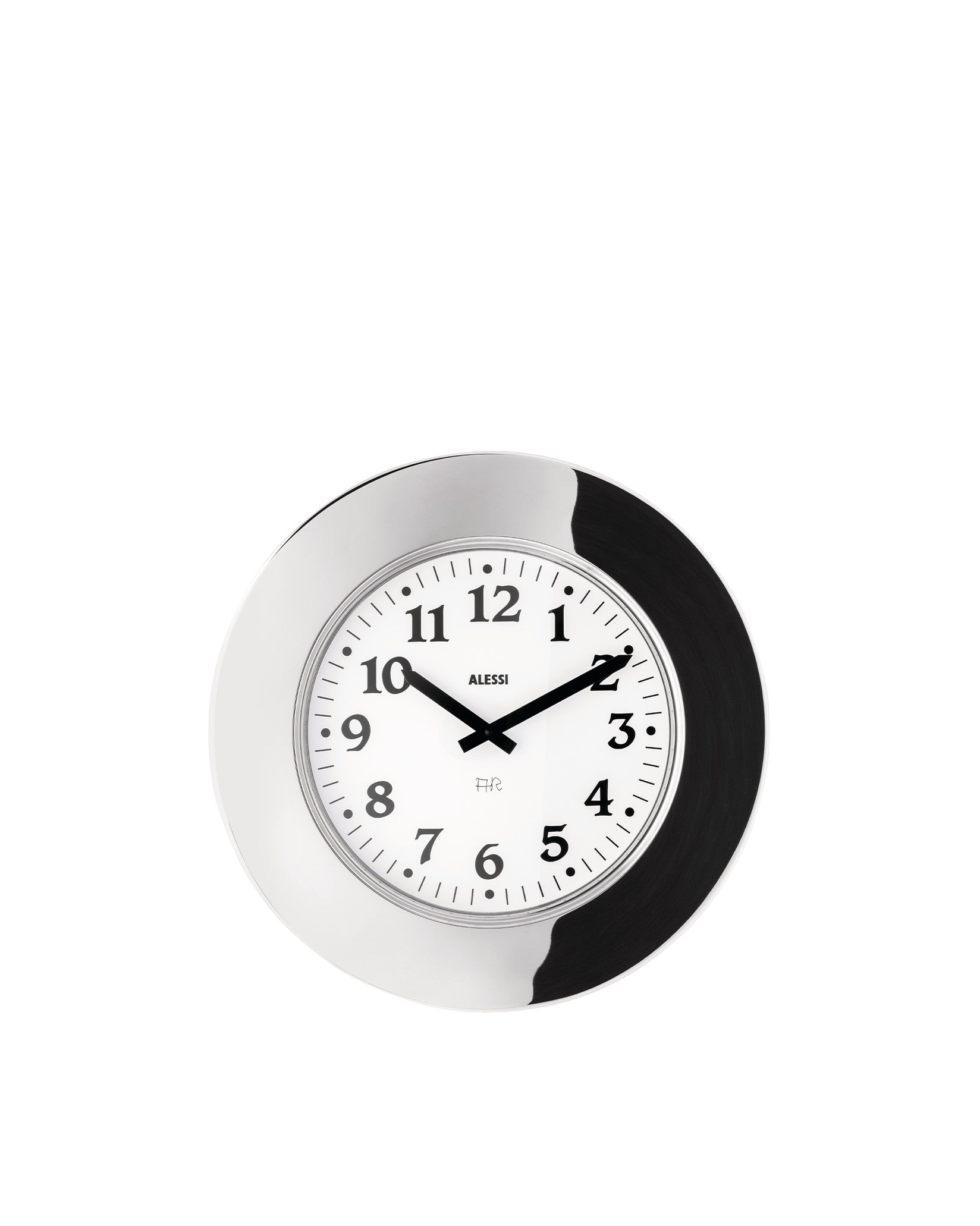 Round wall clock by Alessi with white face, black numbers and hands, and a polished chrome ring with a brushed black section.