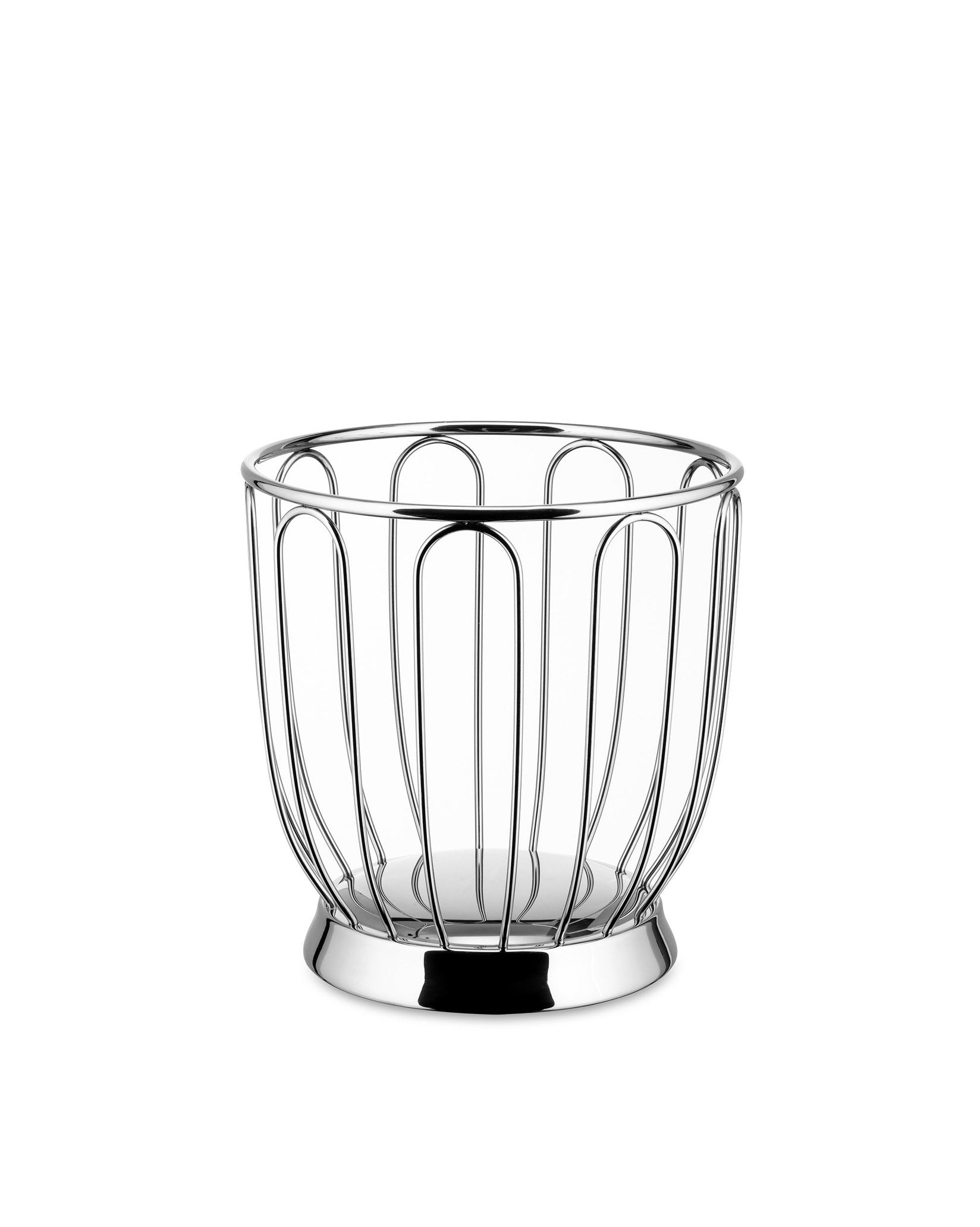 Chrome fruit basket by Alessi with a wire design of vertical rounded rectangular loops and a solid polished base.