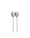 Shiny metal salad servers by Alessi, featuring a solid spoon and a pronged server on white.