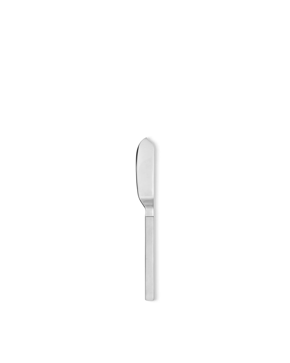 Silver stainless steel butter knife by Alessi, standing vertically on a white background, with a sleek design.