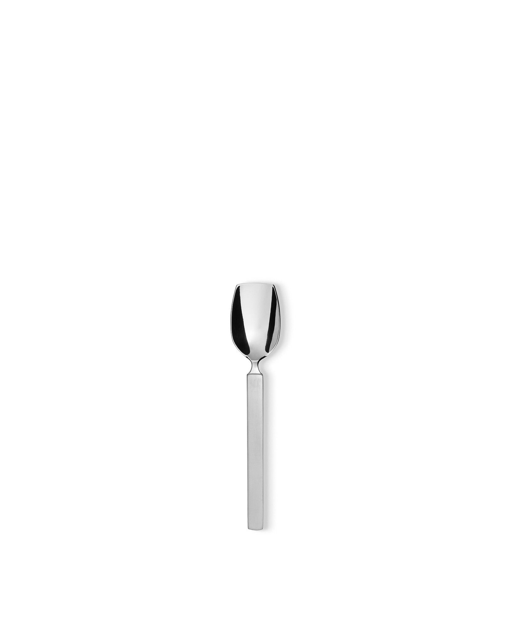 Silver stainless steel dessert spoon by Alessi, featuring a rectangular matte handle.