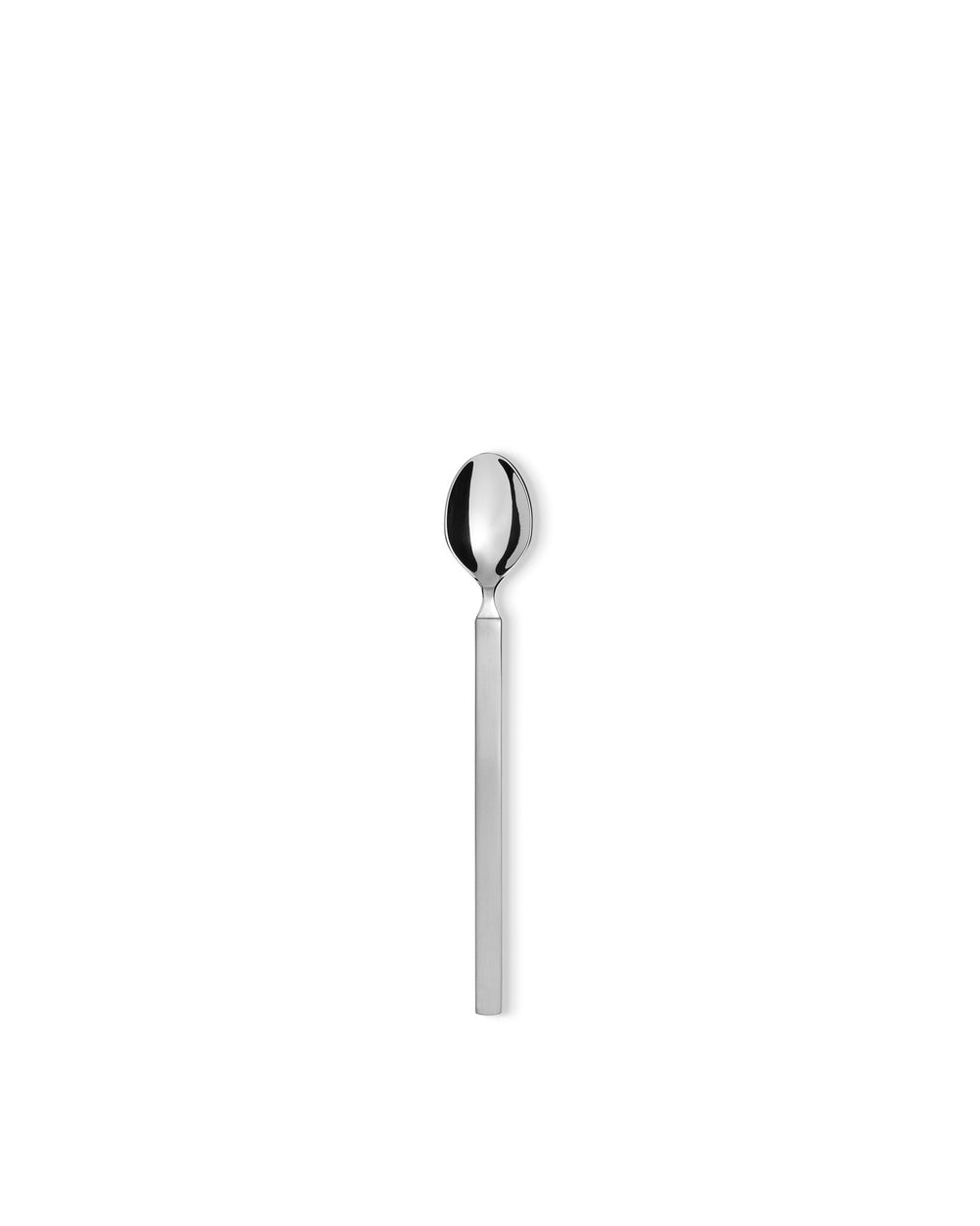 Silver metal spoon by Alessi with a flat, rectangular handle, standing upright.