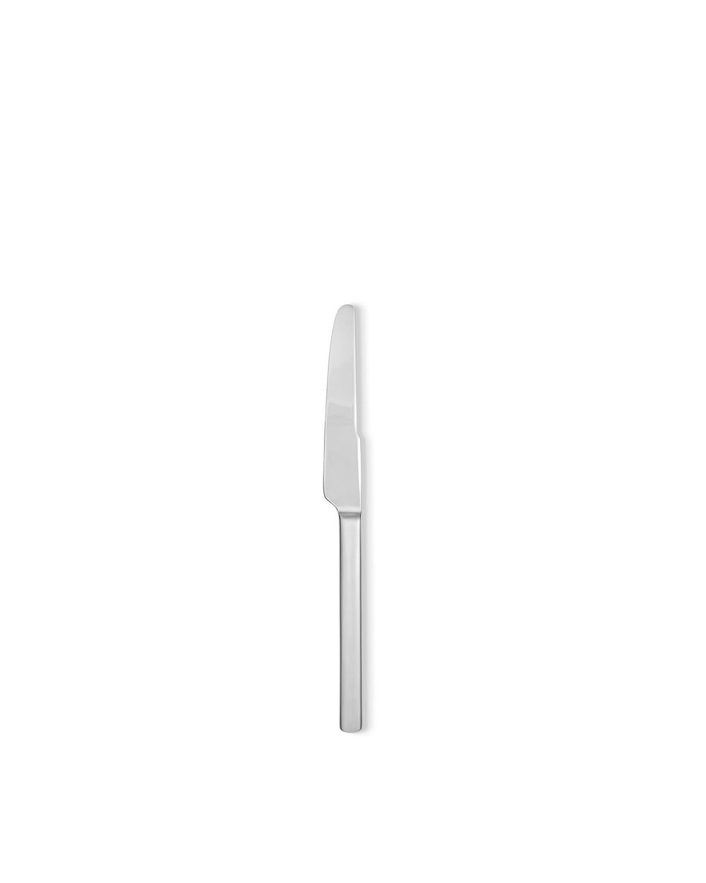Silver stainless steel knife by Alessi, sleek and modern with a simple handle, lying flat.