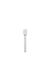 A polished stainless steel four-tine fork by Alessi with a flat, minimalist handle, positioned vertically.
