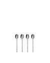 Four stainless steel coffee spoons by Alessi, arranged vertically in a row on a white background.