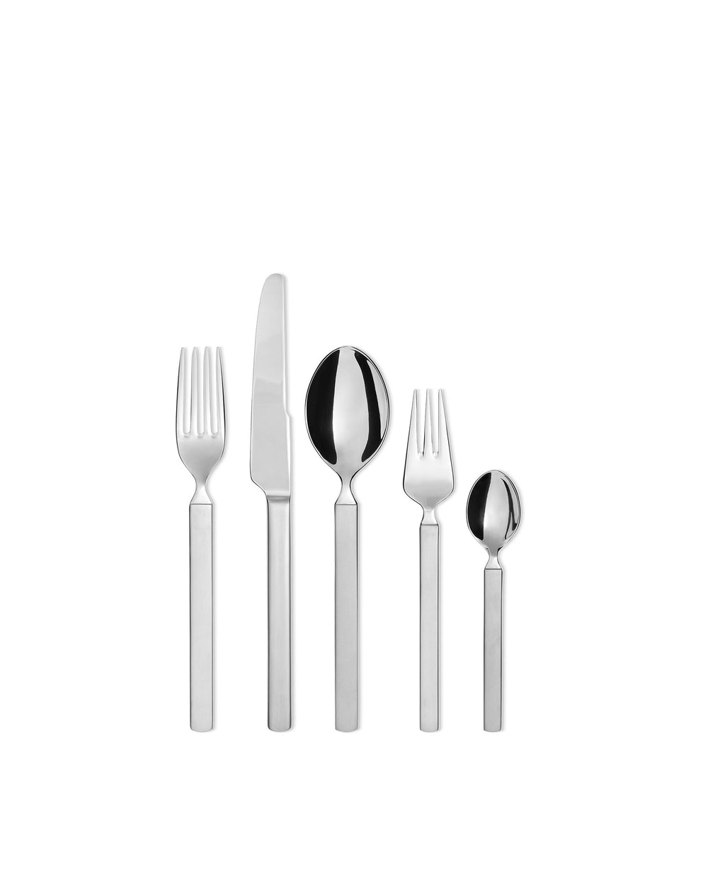 Silver stainless steel 5-piece cutlery set by Alessi, featuring polished heads and matte flat handles, arranged vertically.