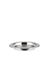 A polished stainless steel round tray by Alessi with a black rectangular accent and honeycomb textured base.