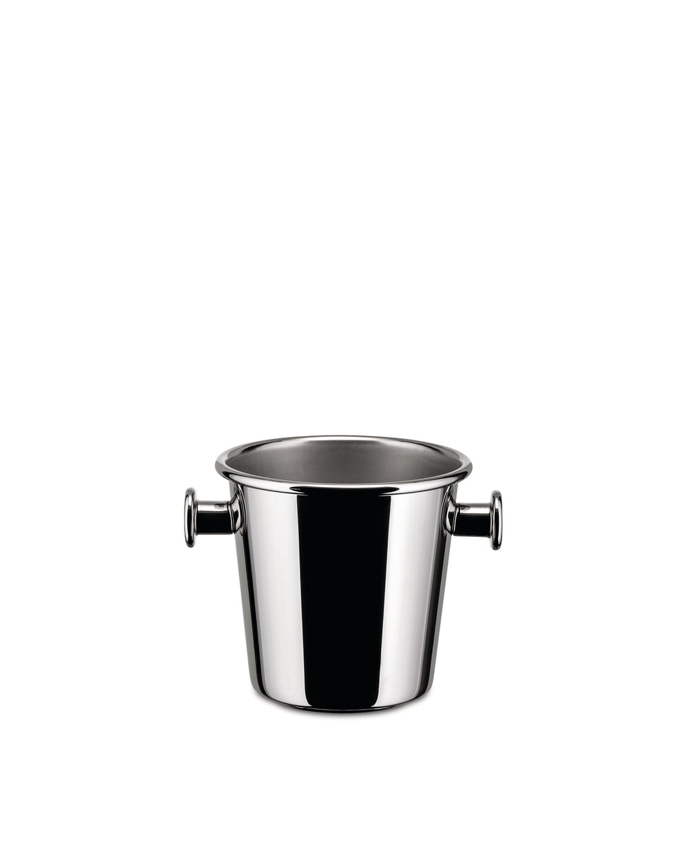 Shiny stainless steel serving pot by Alessi with two short, tubular handles.