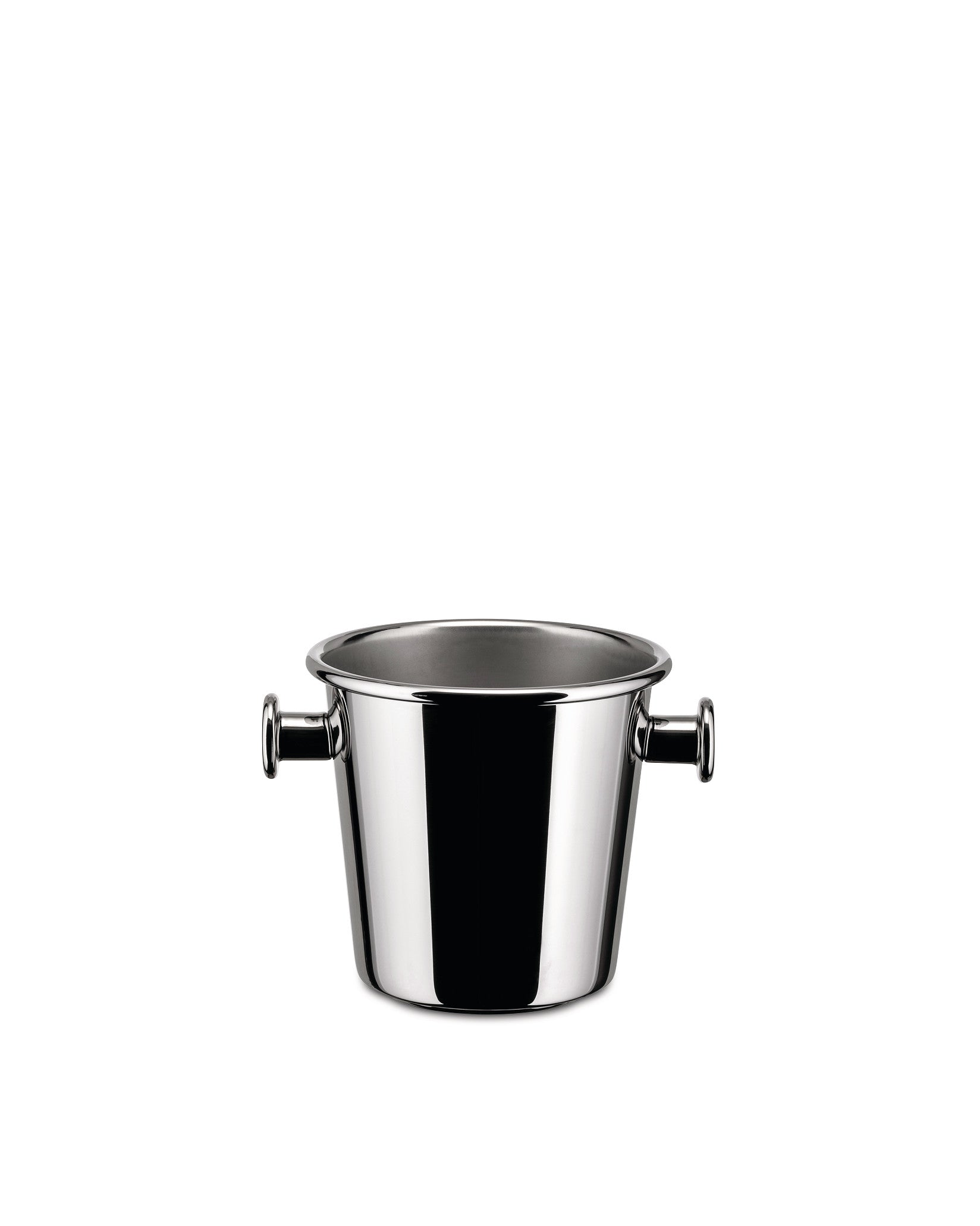 Shiny stainless steel serving pot by Alessi with two short, tubular handles.