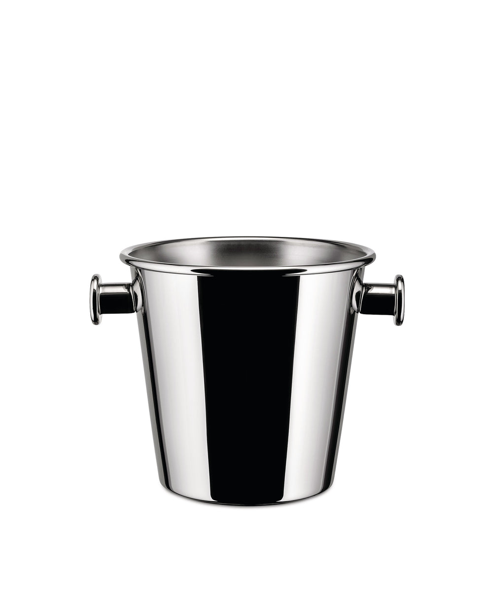 Polished stainless steel champagne bucket by Alessi, with two side handles, isolated on white.