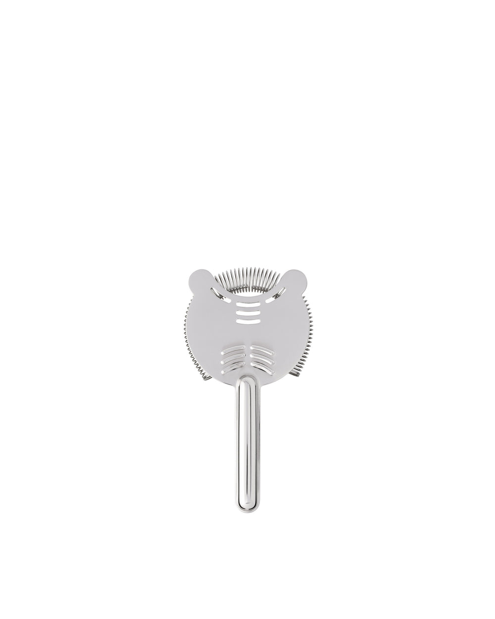 Silver metallic cocktail strainer by Alessi, with a spring coil edge and three straining slits.