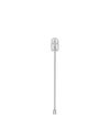 Silver metallic stirrer by Alessi with a long slender shaft and flat, U-shaped top.