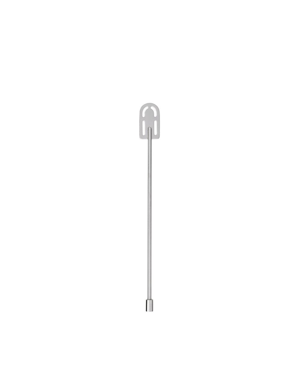 Silver metallic stirrer by Alessi with a long slender shaft and flat, U-shaped top.