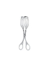 Silver stainless steel pastry tongs by Alessi, with fork-like ends featuring heart cutouts and scissor-style ring handles.