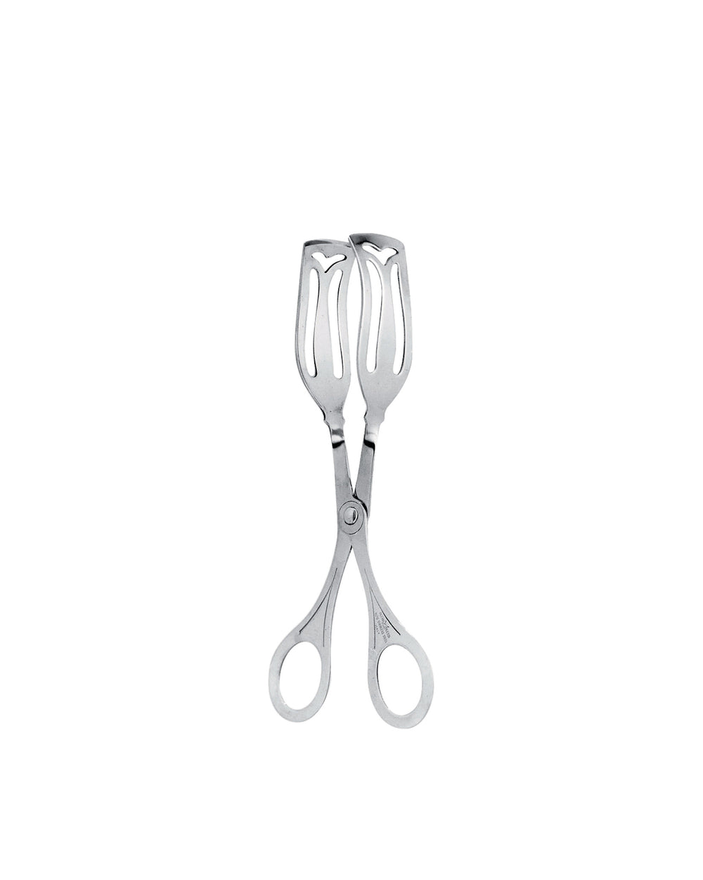 Silver stainless steel pastry tongs by Alessi, with fork-like ends featuring heart cutouts and scissor-style ring handles.