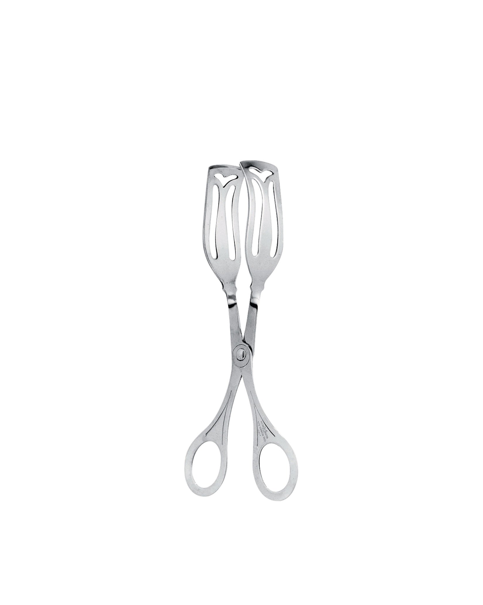 Silver stainless steel pastry tongs by Alessi, with fork-like ends featuring heart cutouts and scissor-style ring handles.