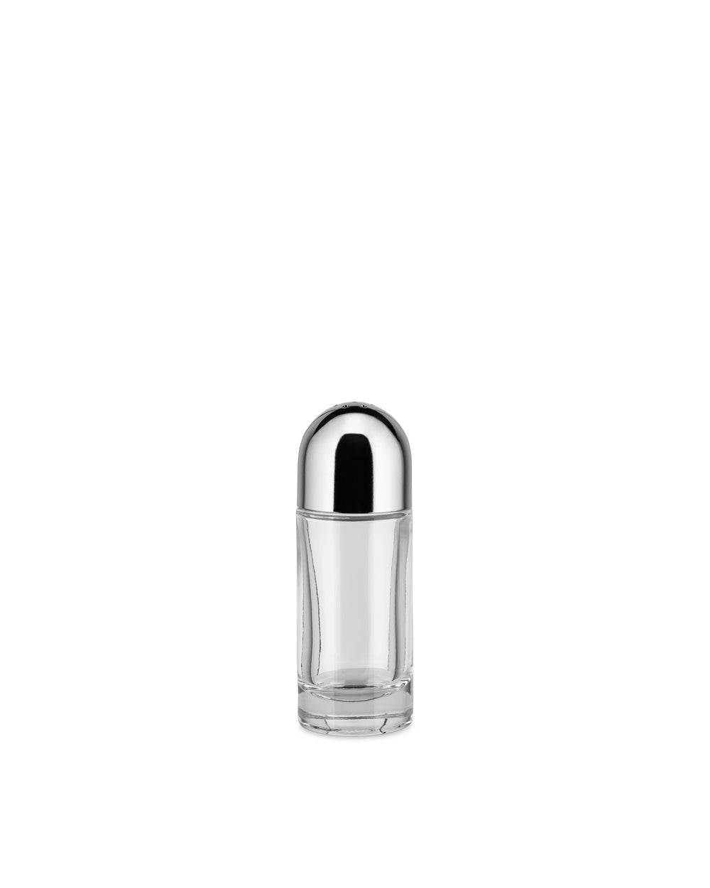 A clear glass salt shaker by Alessi with a silver, dome-shaped cap featuring dispensing holes.