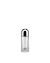 Clear glass salt shaker by Alessi with a shiny silver domed cap, isolated on white.