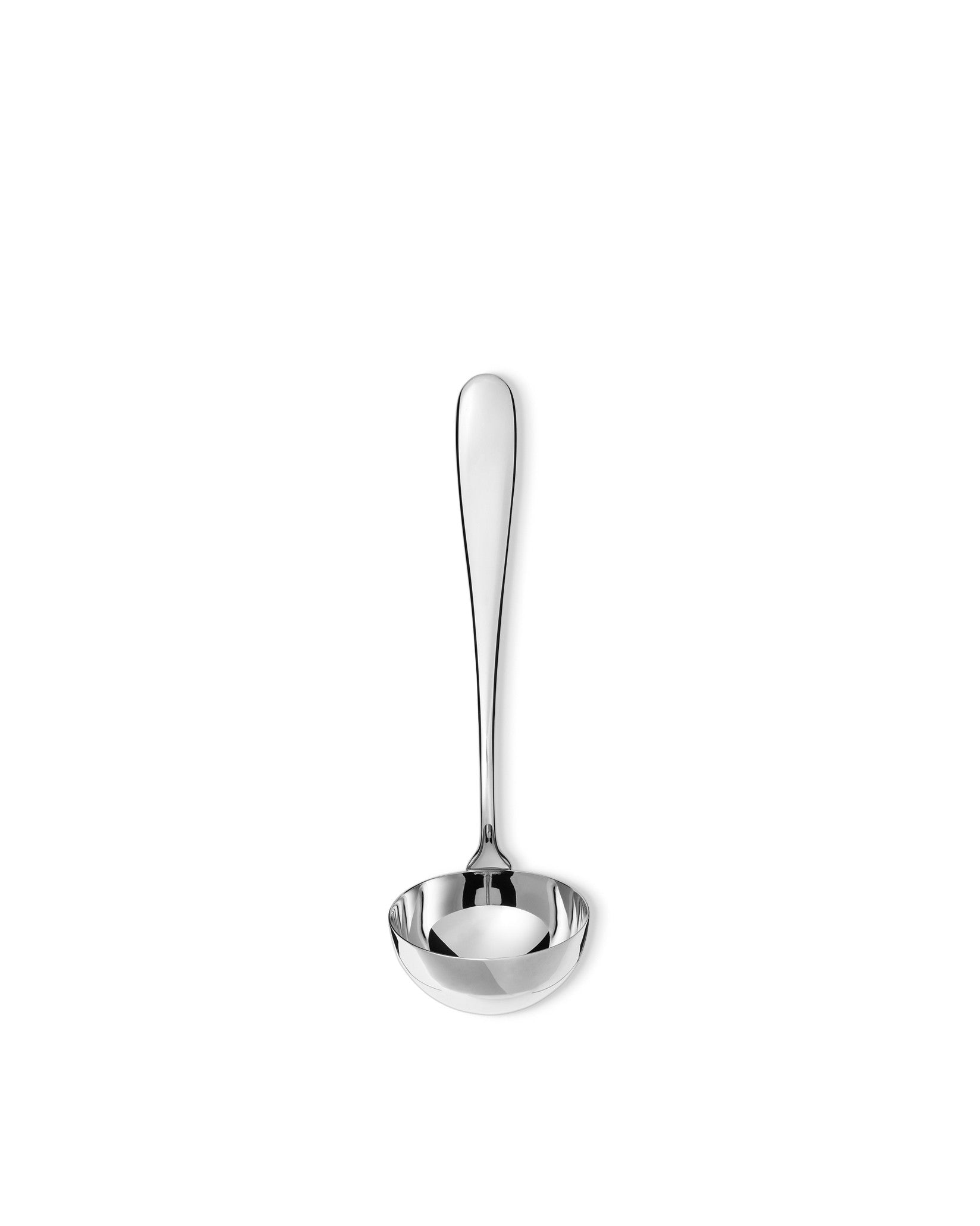Polished stainless steel soup ladle by Alessi, sleek and modern design standing upright.