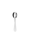 Polished silver spoon by Alessi with a sleek, minimalist design, centered on white.