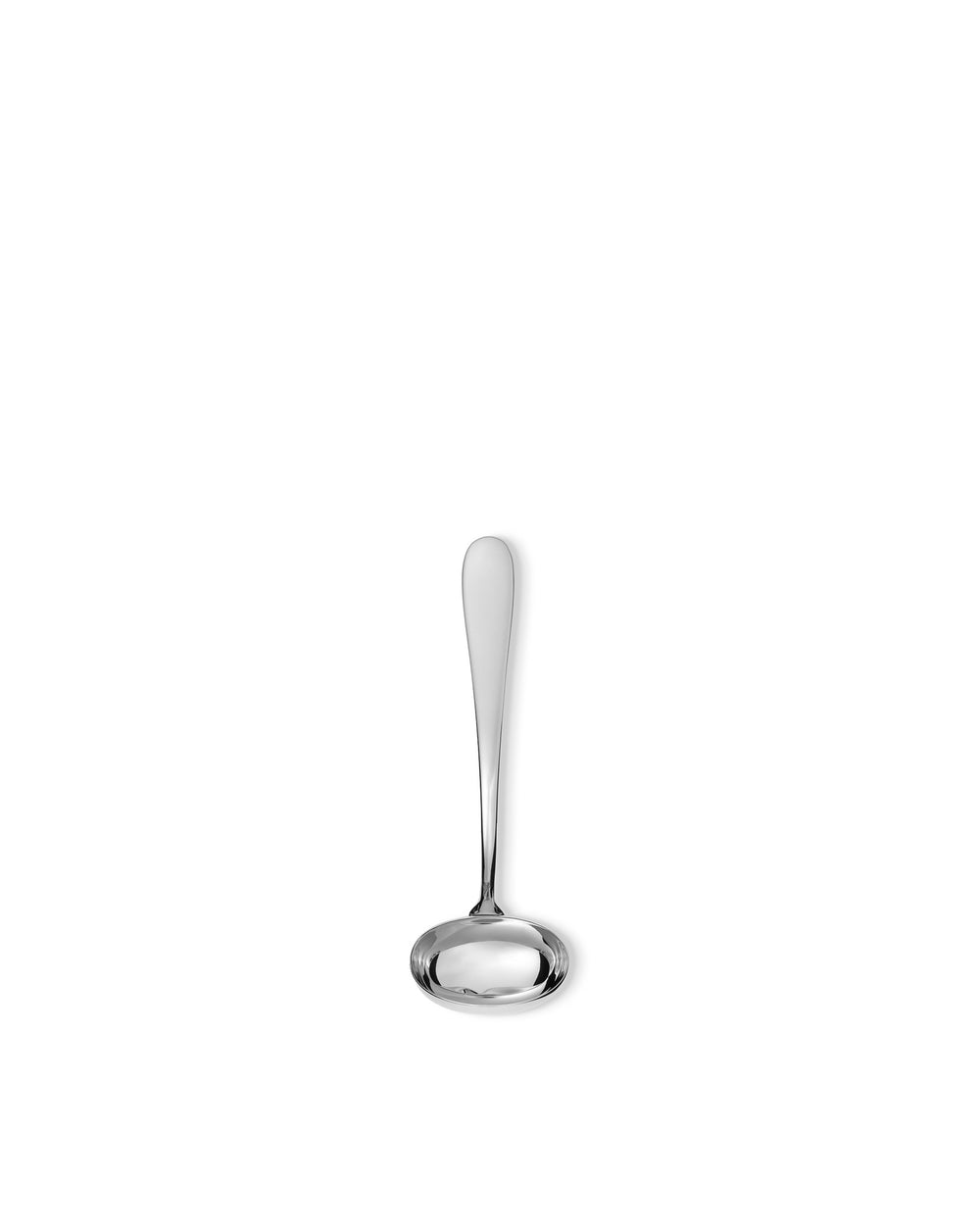 Silver polished stainless steel ladle by Alessi with a sleek, modern design.