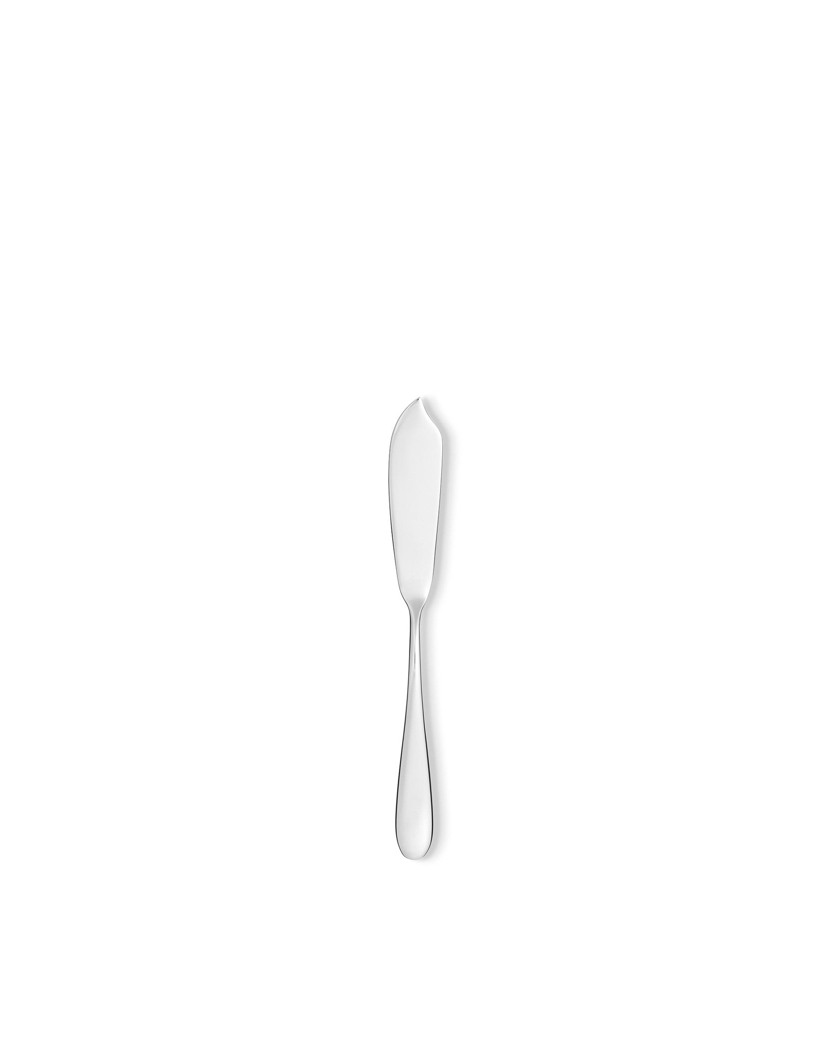 Sleek silver-toned butter knife by Alessi, with a polished, rounded handle and pointed blade.
