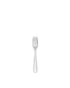 Polished silver dinner fork by Alessi with four tines, displayed vertically on white.