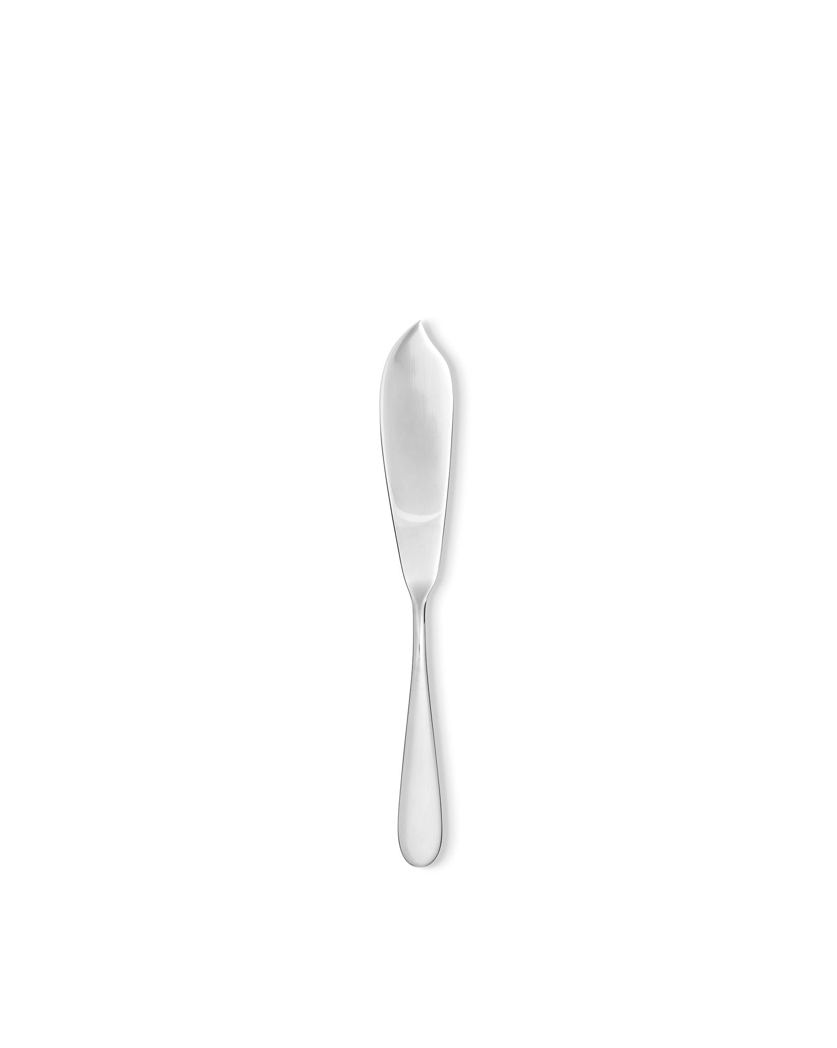 Sleek silver butter knife by Alessi, with a polished, reflective finish on a white background.