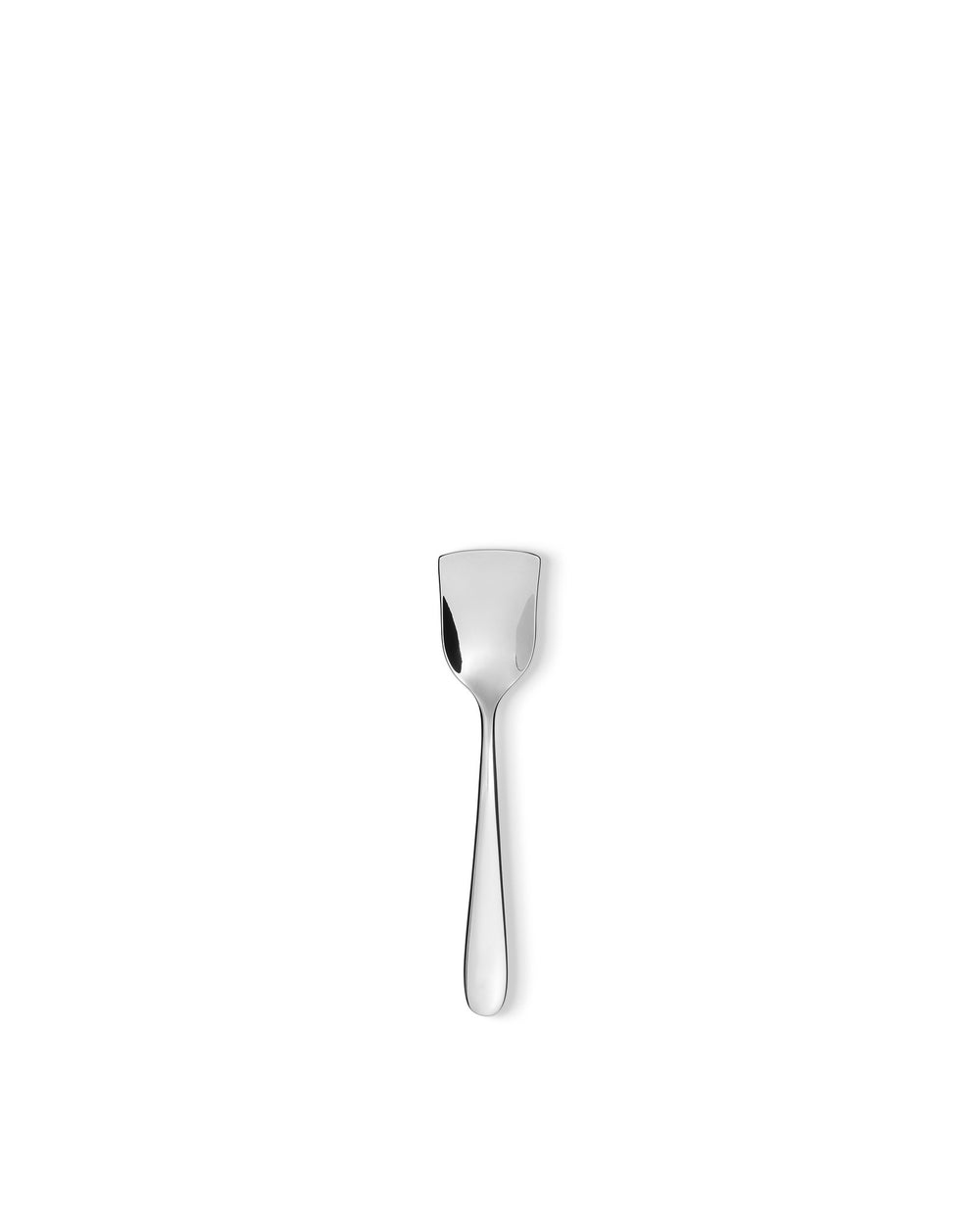 Polished silver-toned dessert spoon by Alessi, featuring a modern, minimalist design and rectangular bowl.