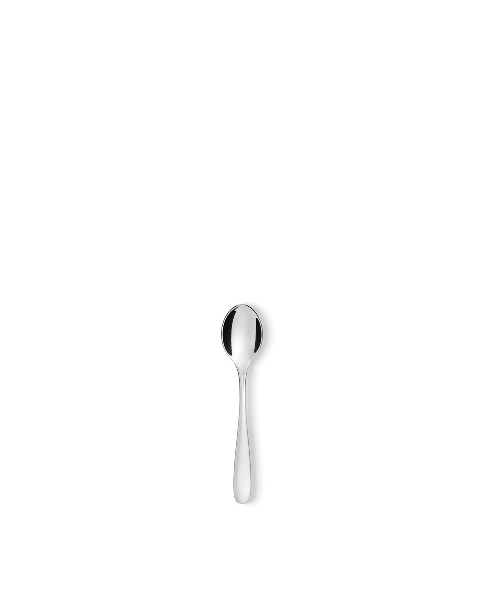 Polished silver spoon by Alessi, vertically centered on a white background.