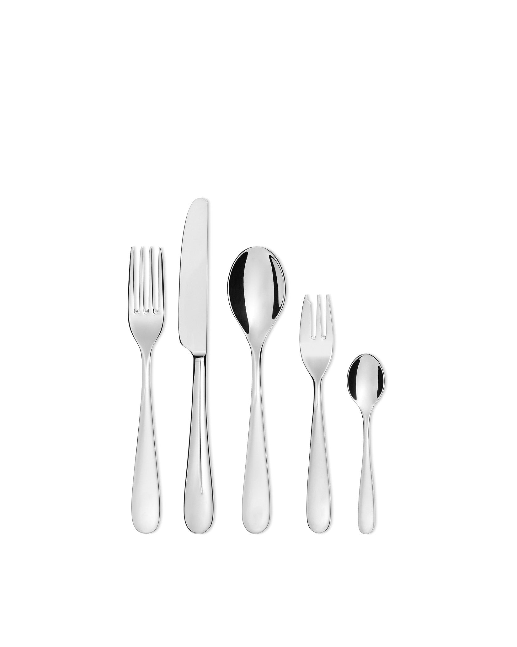 Silver polished metal cutlery set by Alessi, featuring a knife, two forks, and two spoons with sleek handles.