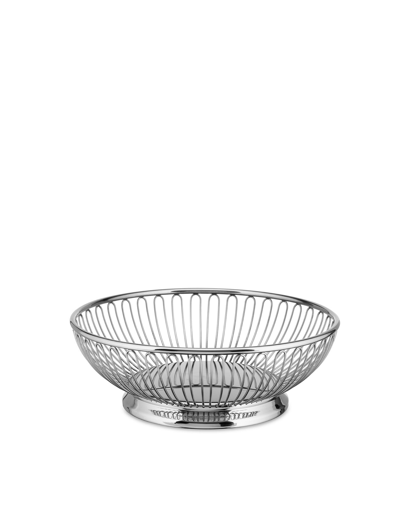 Silver stainless steel fruit bowl by Alessi with a sleek wire design and polished base.