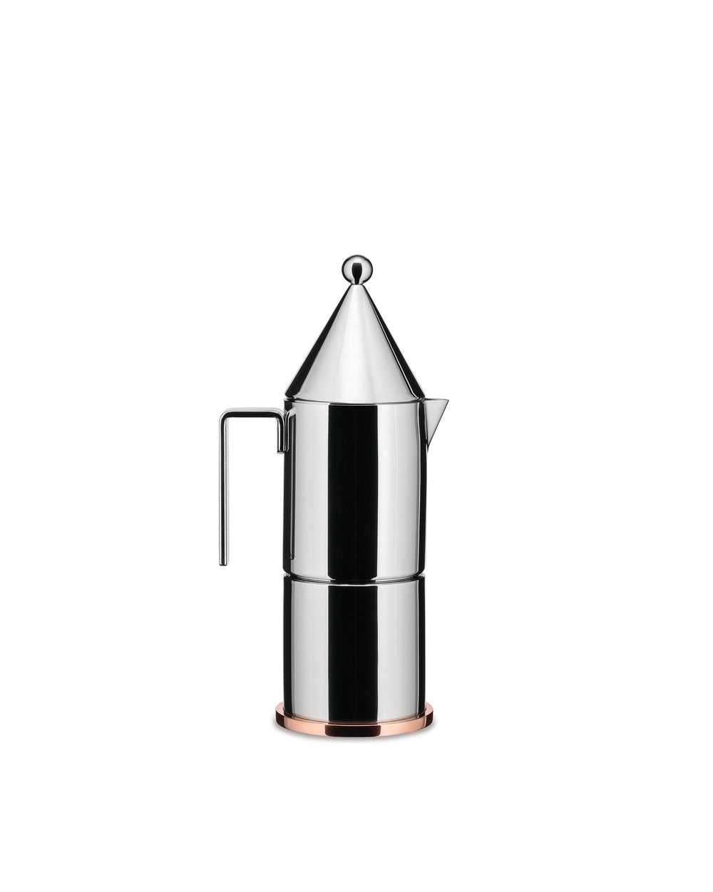 Chrome conical espresso maker by Alessi with a prominent copper base.