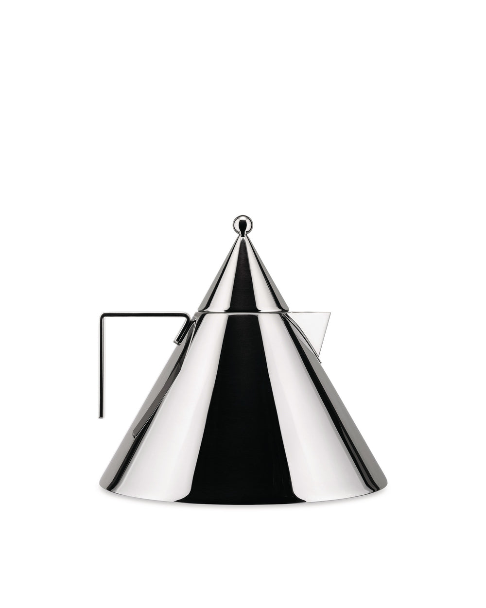 Polished stainless steel conical kettle by Alessi with a sleek, modern design and loop handle, front view.