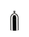 Polished stainless steel sugar bowl by Alessi, with a domed lid and spherical finial on a white background.