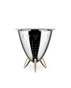 Silver metal colander by Alessi, perforated with bunny face cutouts and three golden tripod legs.