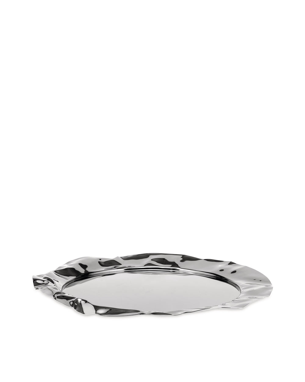 Polished silver metal serving tray by Alessi, with a wavy, crumpled edge and highly reflective surface, viewed at an angle.