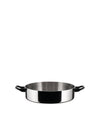 Shiny stainless steel cooking pan by Alessi, wide and shallow with two short black handles.