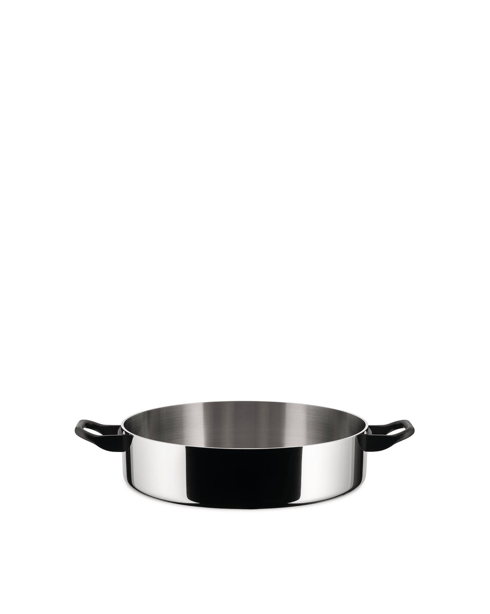 Shiny stainless steel cooking pan by Alessi, wide and shallow with two short black handles.