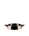 Shiny copper casserole dish with glossy black interior by Alessi and two small black handles.