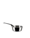 A small, shiny stainless steel saucepan by Alessi with a long, matte black handle and brushed interior.