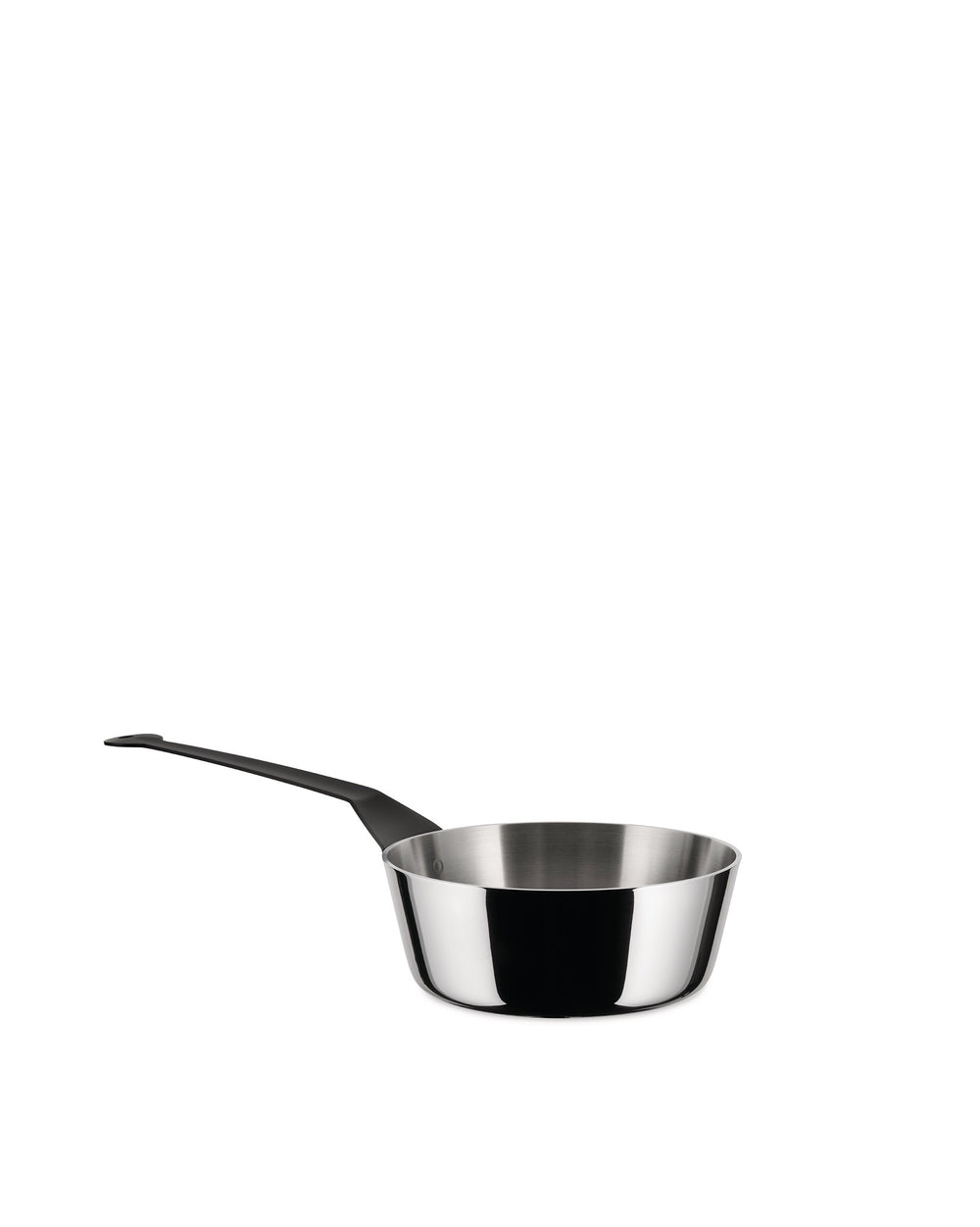 A small, shiny stainless steel saucepan by Alessi with a long, matte black handle and brushed interior.