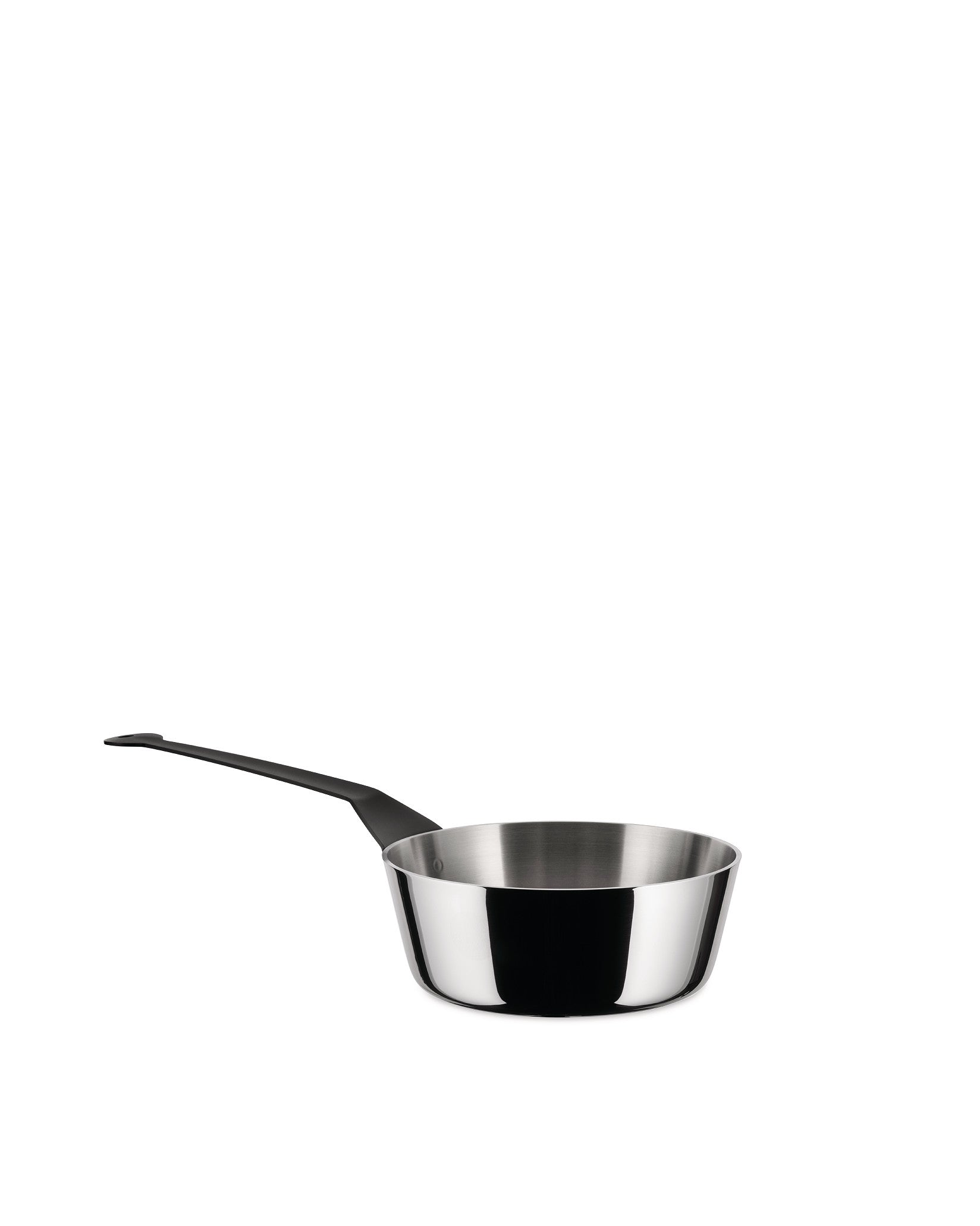 A small, shiny stainless steel saucepan by Alessi with a long, matte black handle and brushed interior.