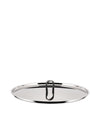 Flat oval stainless steel pot lid by Alessi with a black loop handle and shiny finish.