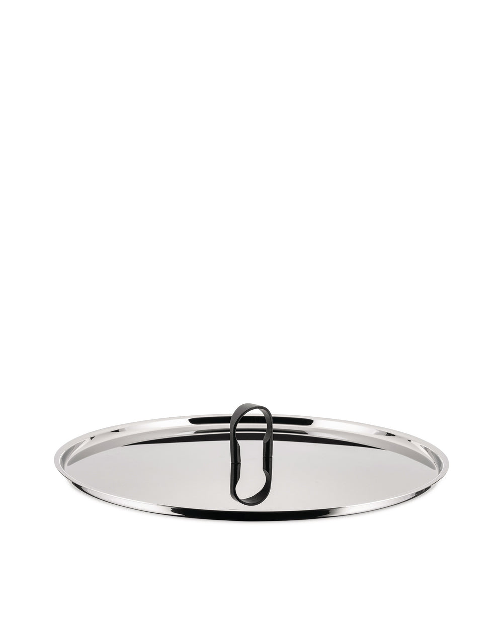 Flat oval stainless steel pot lid by Alessi with a black loop handle and shiny finish.