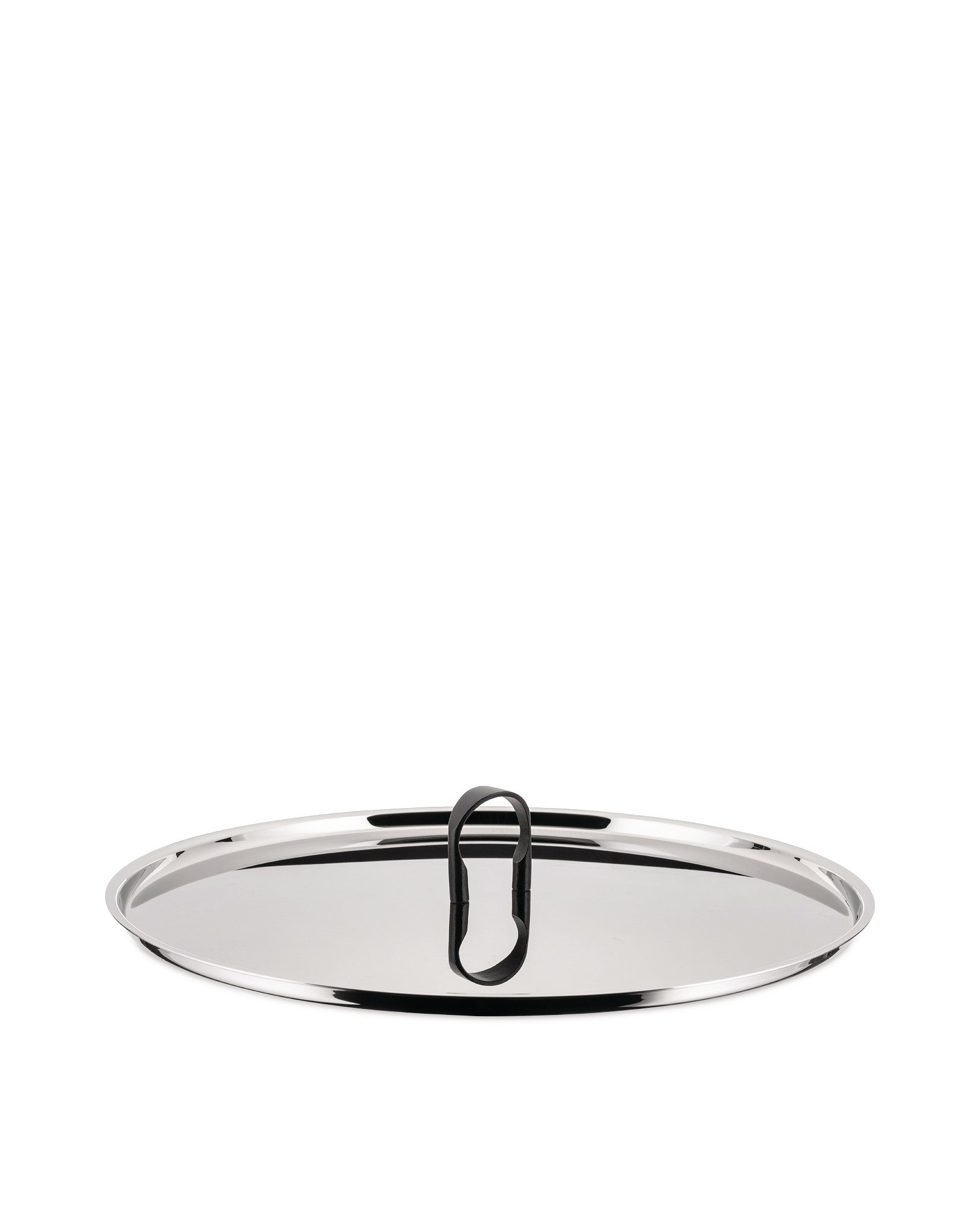 Flat oval stainless steel pot lid by Alessi with a black loop handle and shiny finish.